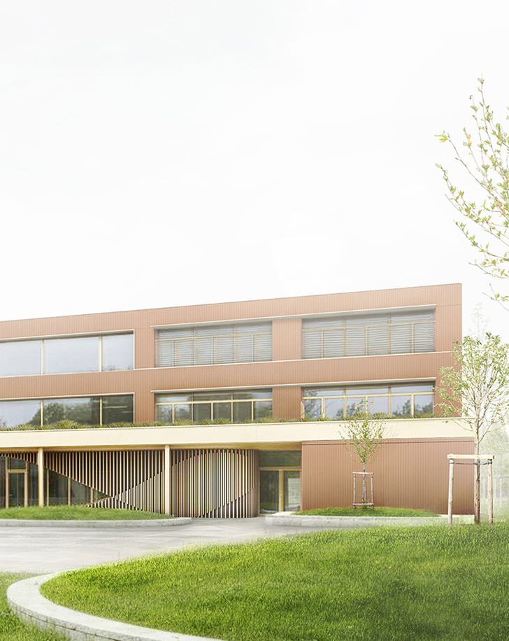 Fassade und Pausenhofbereich Außenansicht - Neubau Grundschule in Bad Mergentheim