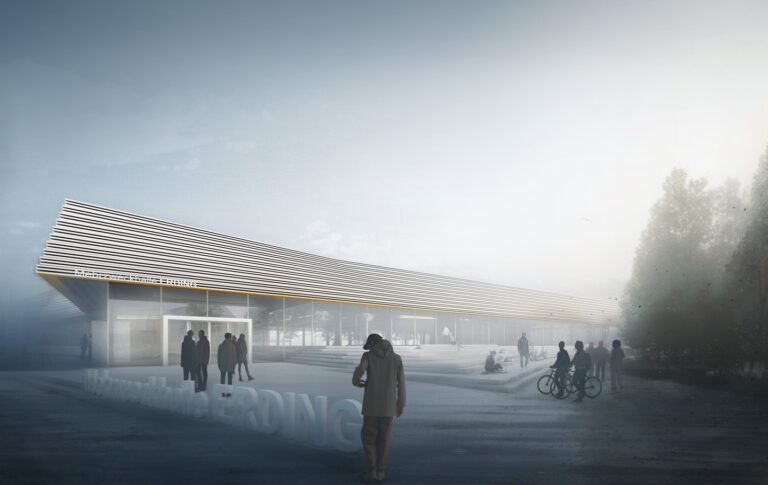 Vorplatz und Fassade Außenansicht - Neubau Mehrzweckhalle Erding