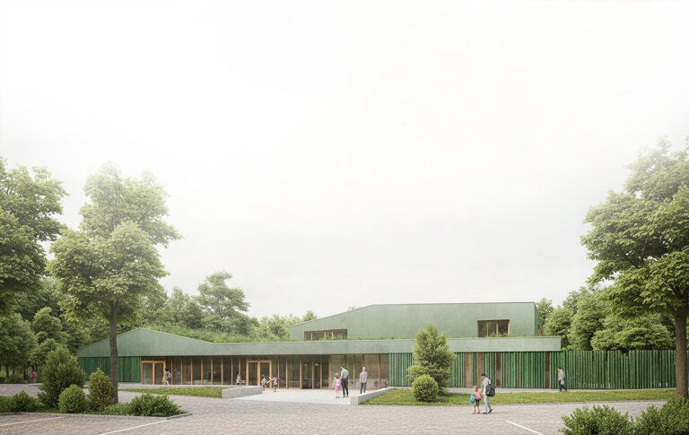 Fassade und Gebäudekubatur Außenansicht - Neubau Kindertagesstätte und Familientreff Denkendorf