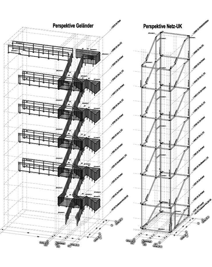 Fluchttreppenturm Isometrie Zeichnungen - Brandschutzsanierung am Landratsamt Böblingen