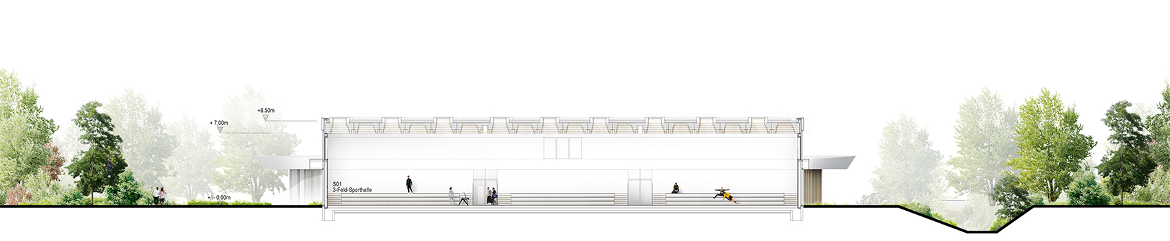 Längsschnitt - Neubau 3-Fach Sporthalle Ladenburg