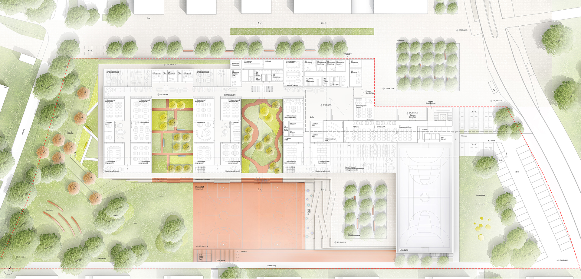 Grundriss Erdgeschoss - Neubau Grundschule & 2-Fach Sporthalle Öhringen