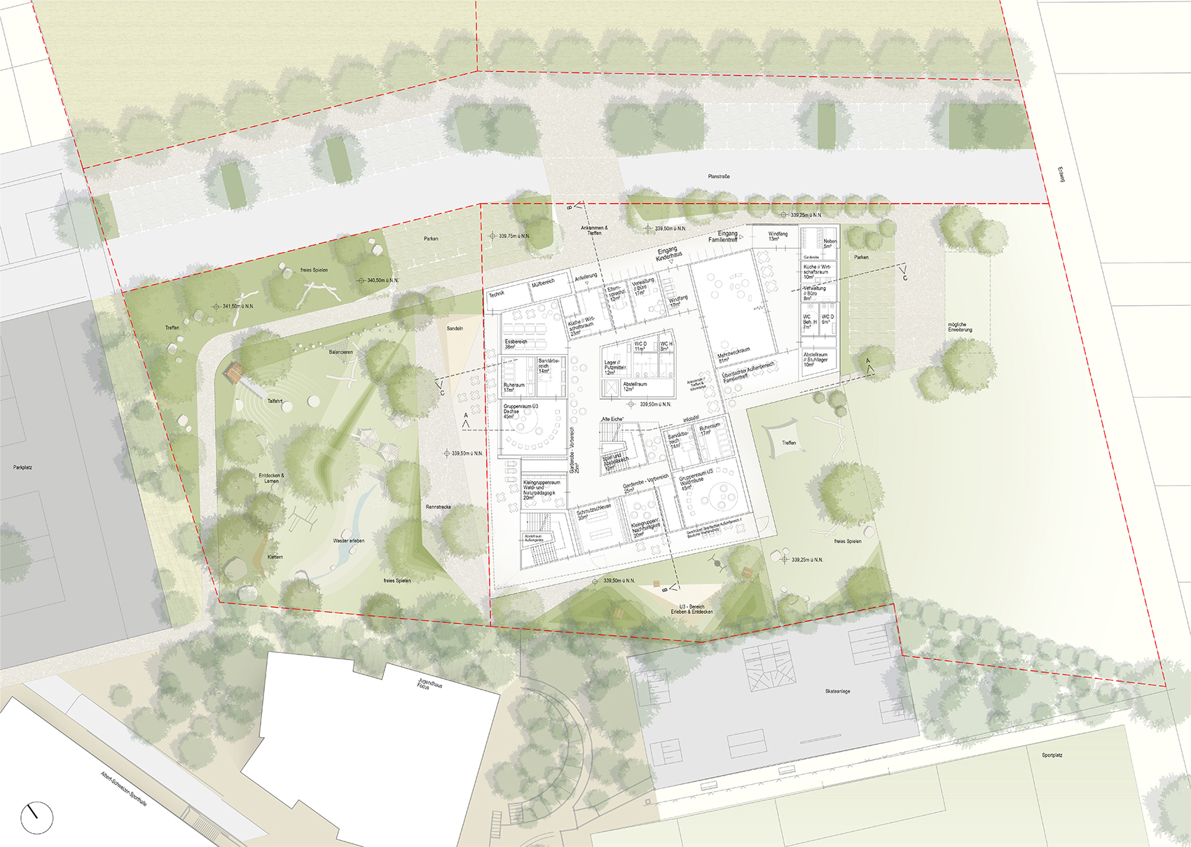 Grundriss Erdgeschoss mit Außenbereich - Neubau Kindertagesstätte und Familientreff Denkendorf